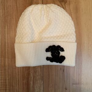 CHANEL White Knit Beanie with Black Logo
